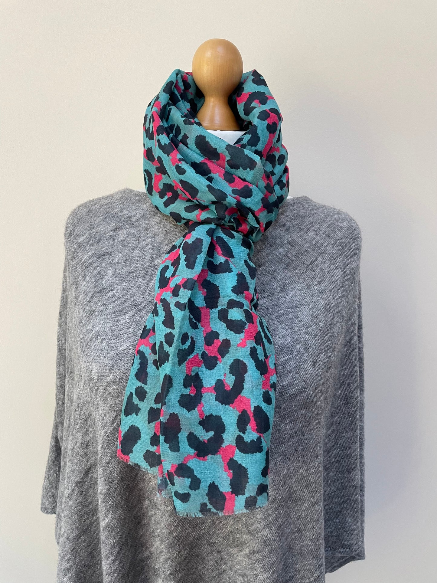 Teal and Pink Leopard Print Scarf
