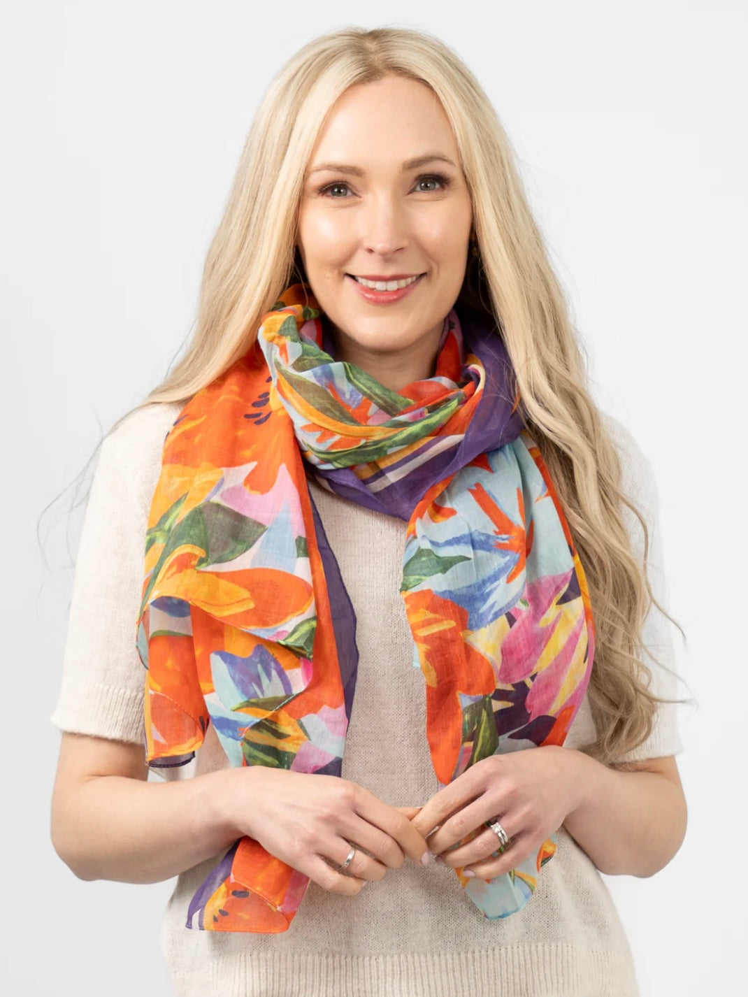 Spring Floral Purple Border Cotton Scarf