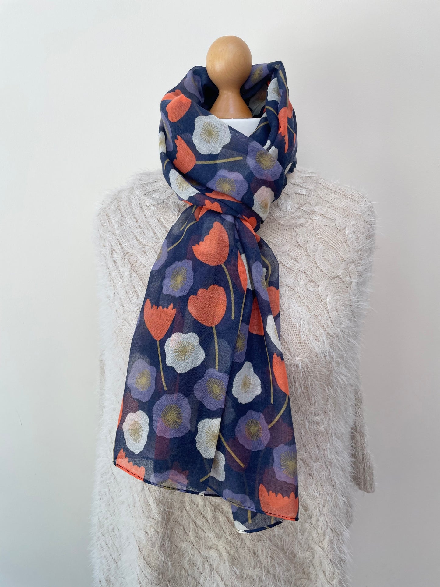 Spring Navy Hyacinth Big Poppies Scarf