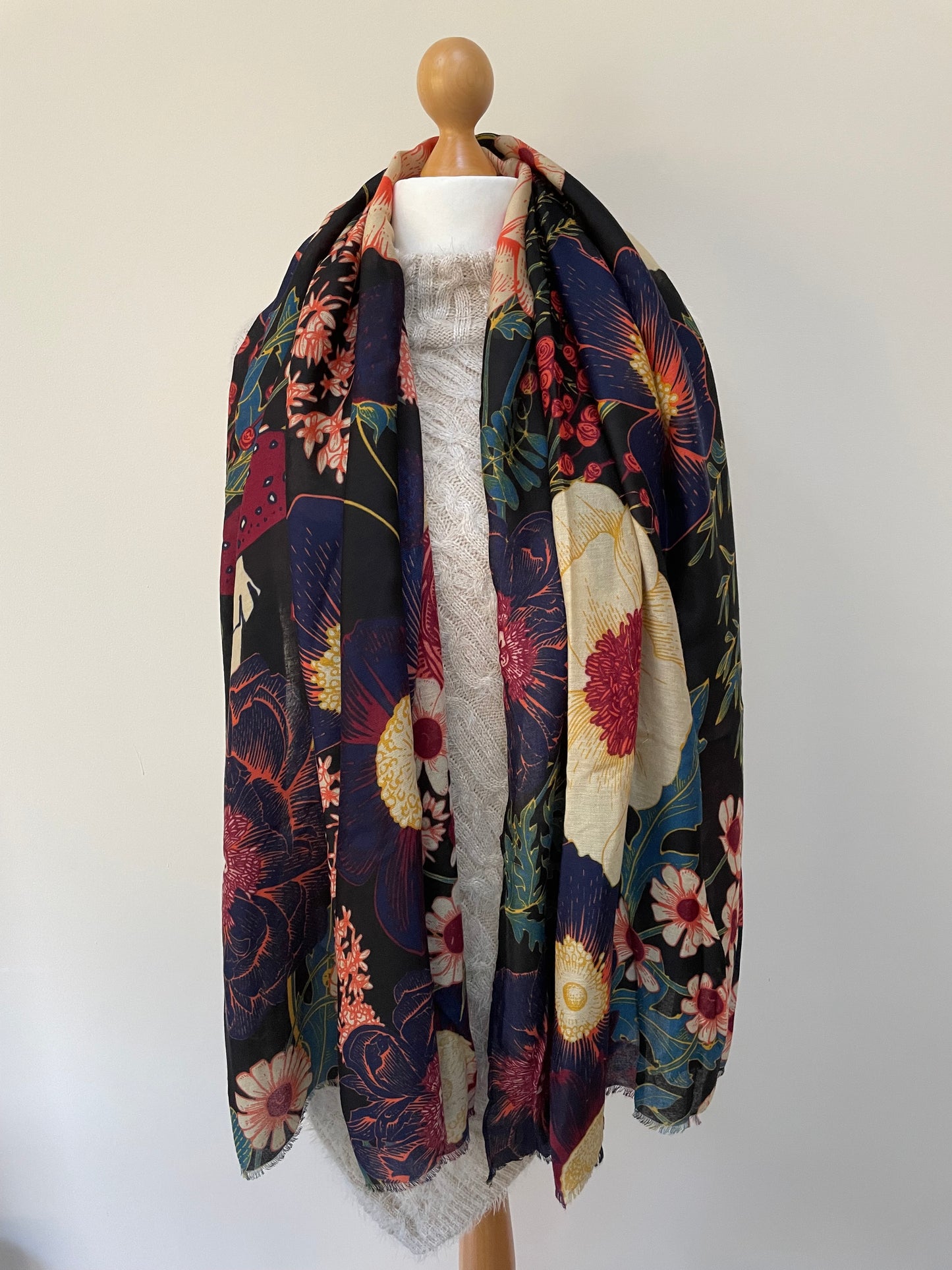 Black Botanical Floral Print Scarf