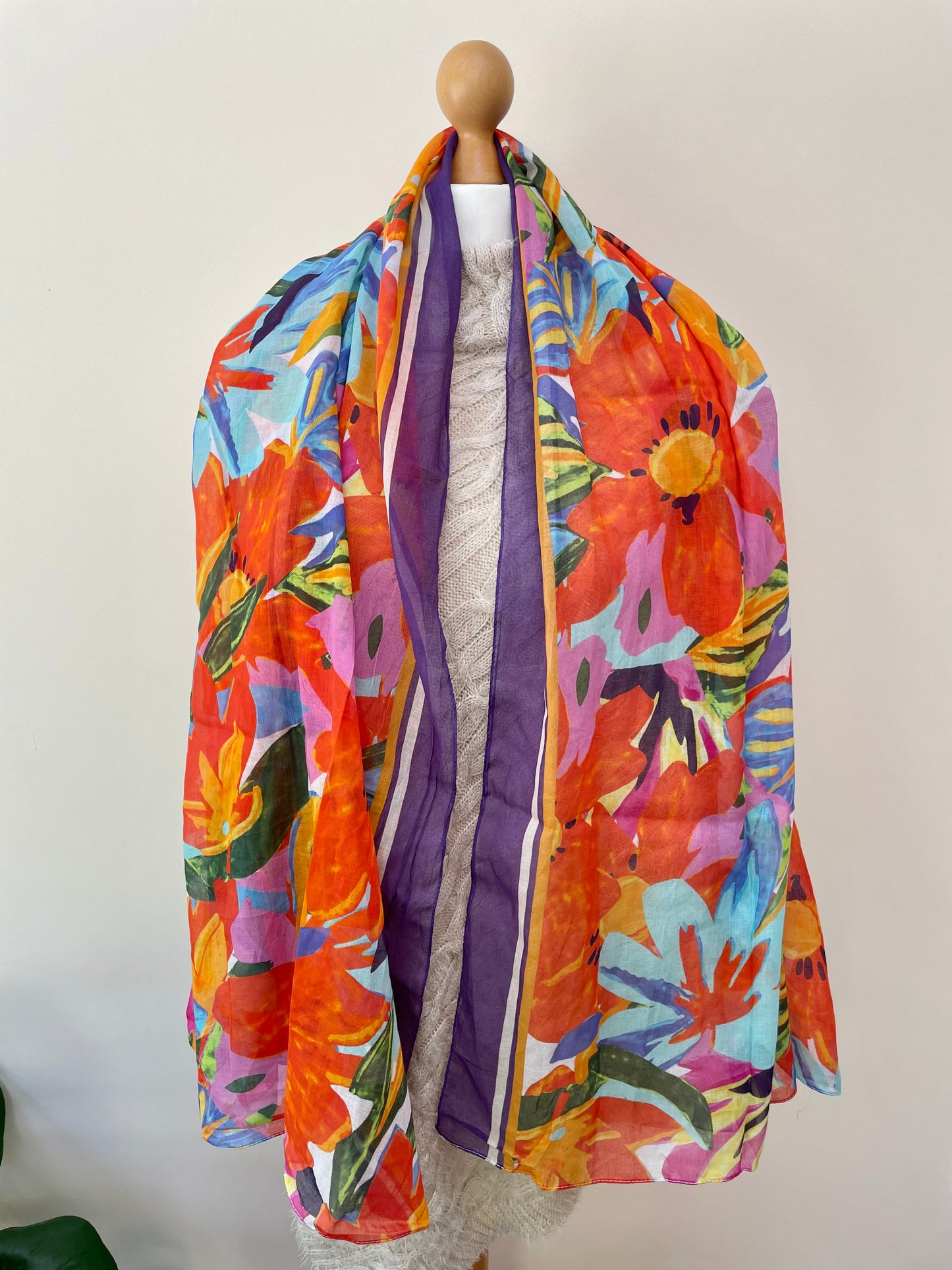 Spring Floral Purple Border Cotton Scarf Sarong