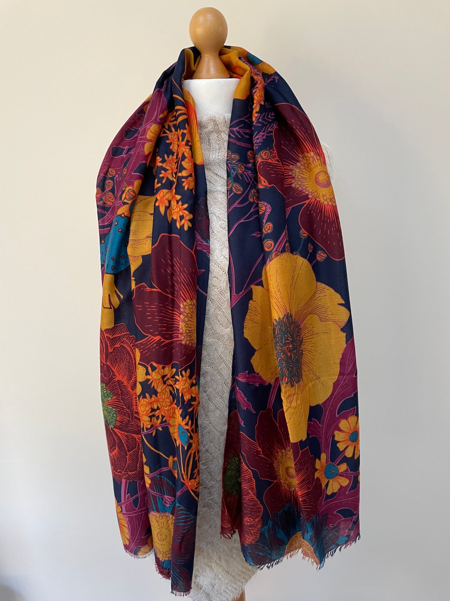 Navy Botanical Floral Print Scarf