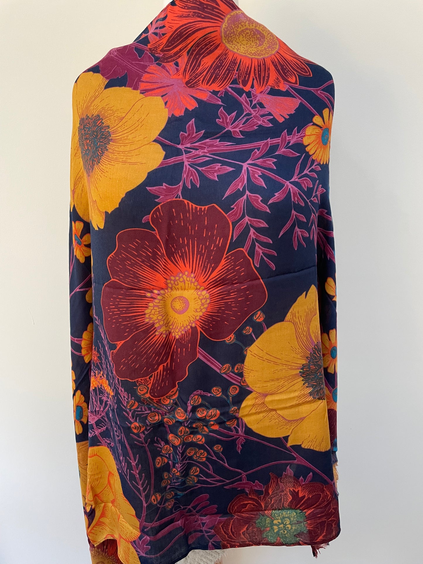 Navy Botanical Floral Print Scarf