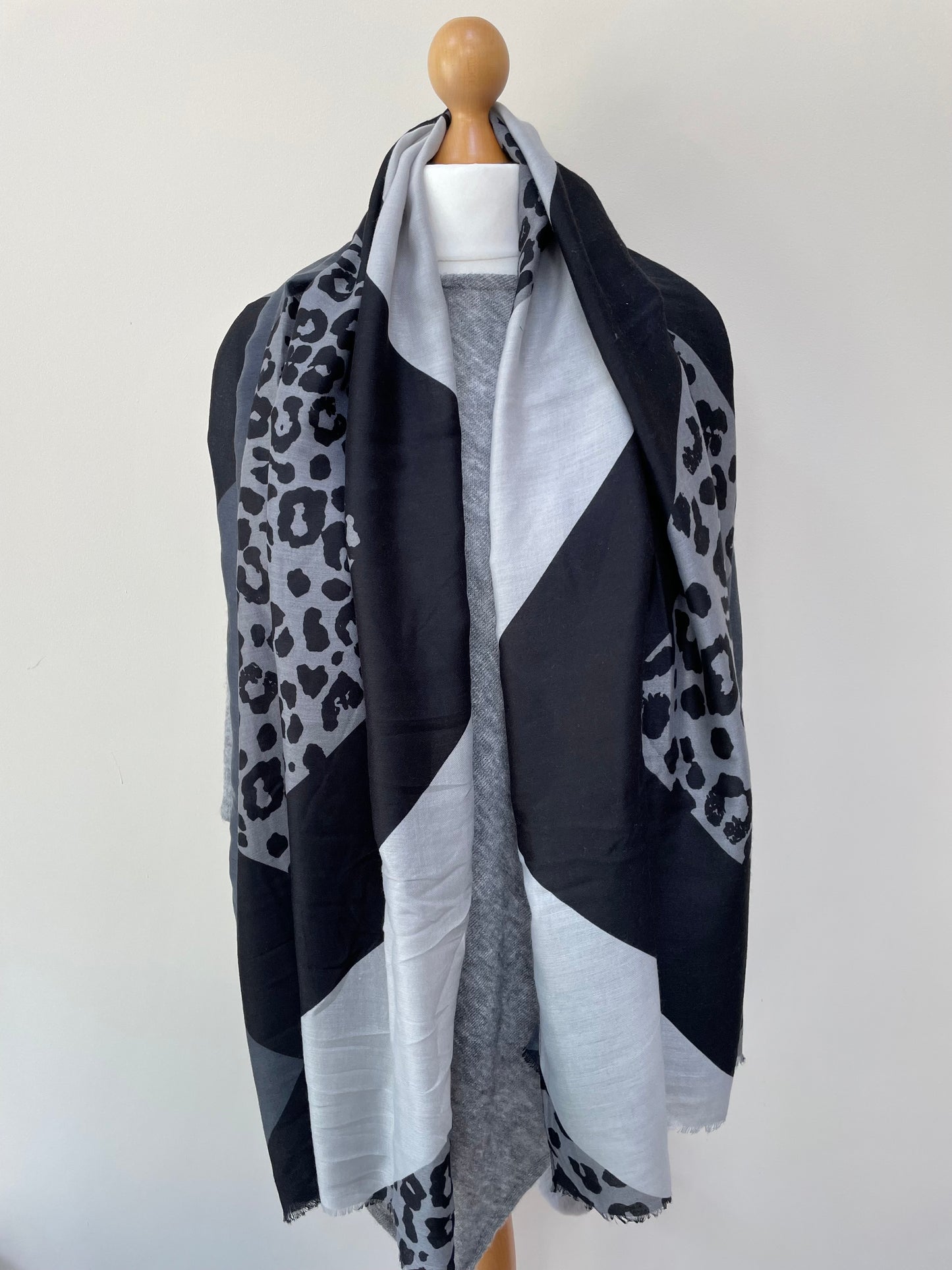 Winter Grey Colour Block Leopard Scarf