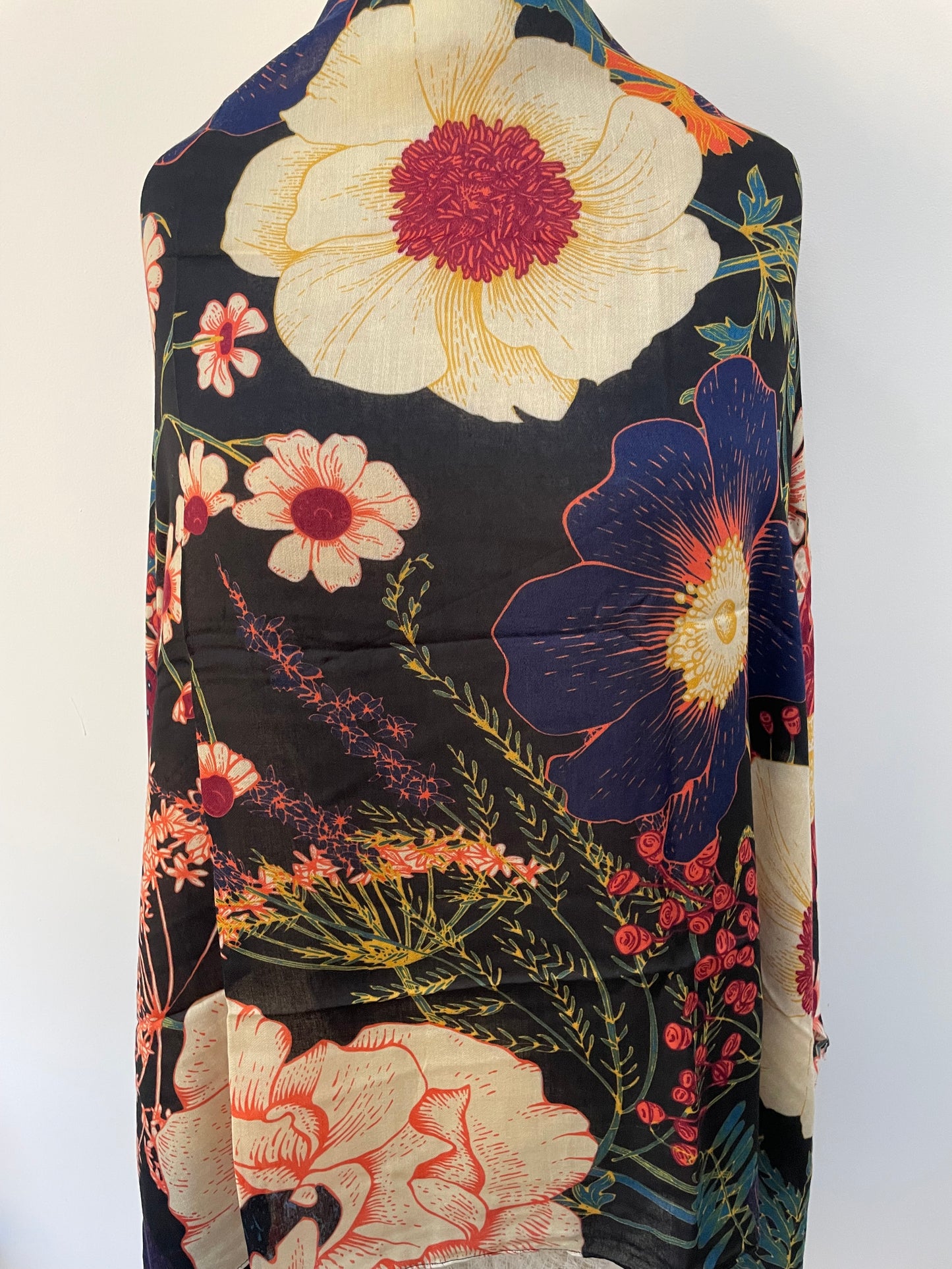Black Botanical Floral Print Scarf