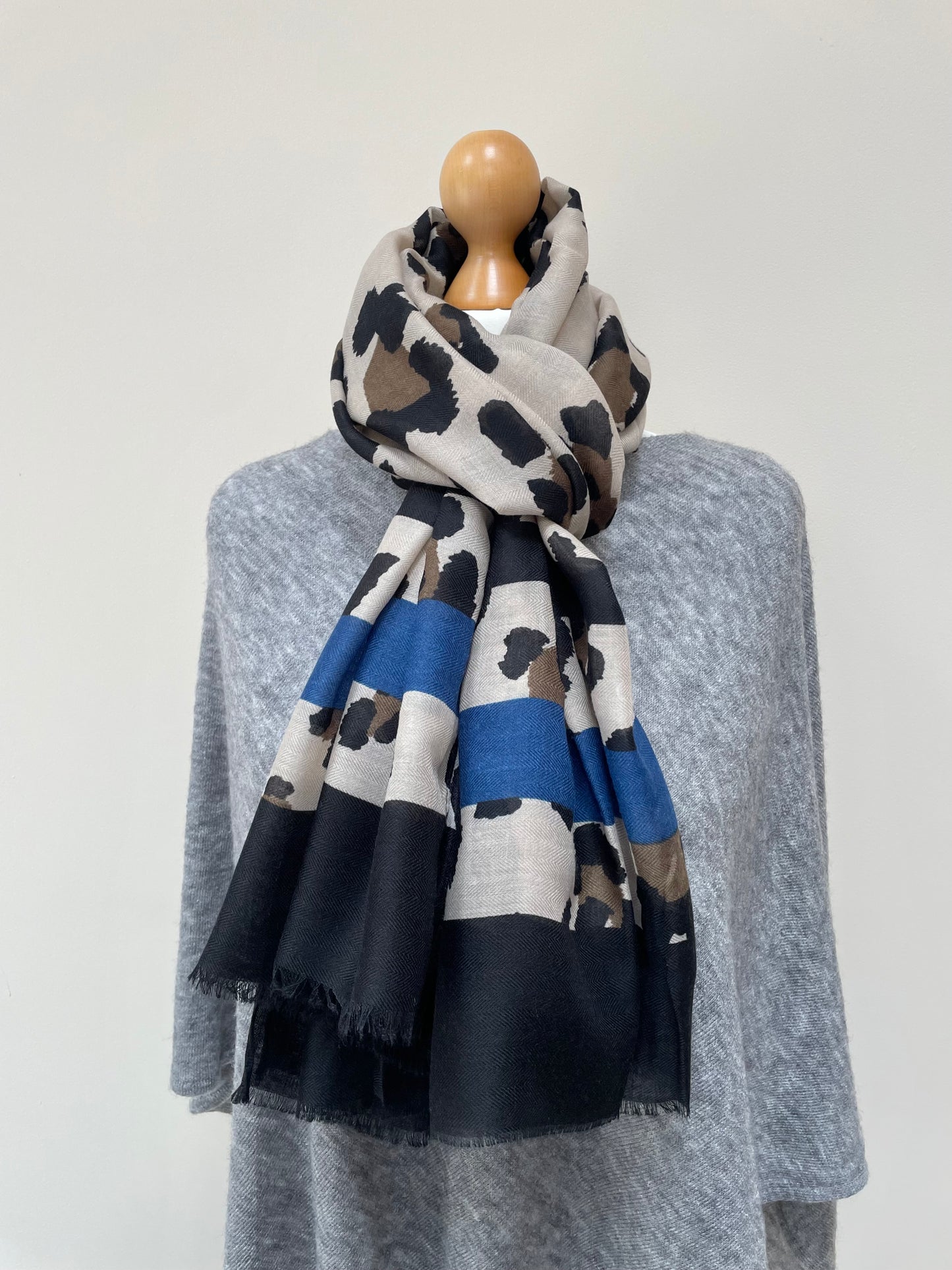 Winter Black and Blue Leopard Print Scarf