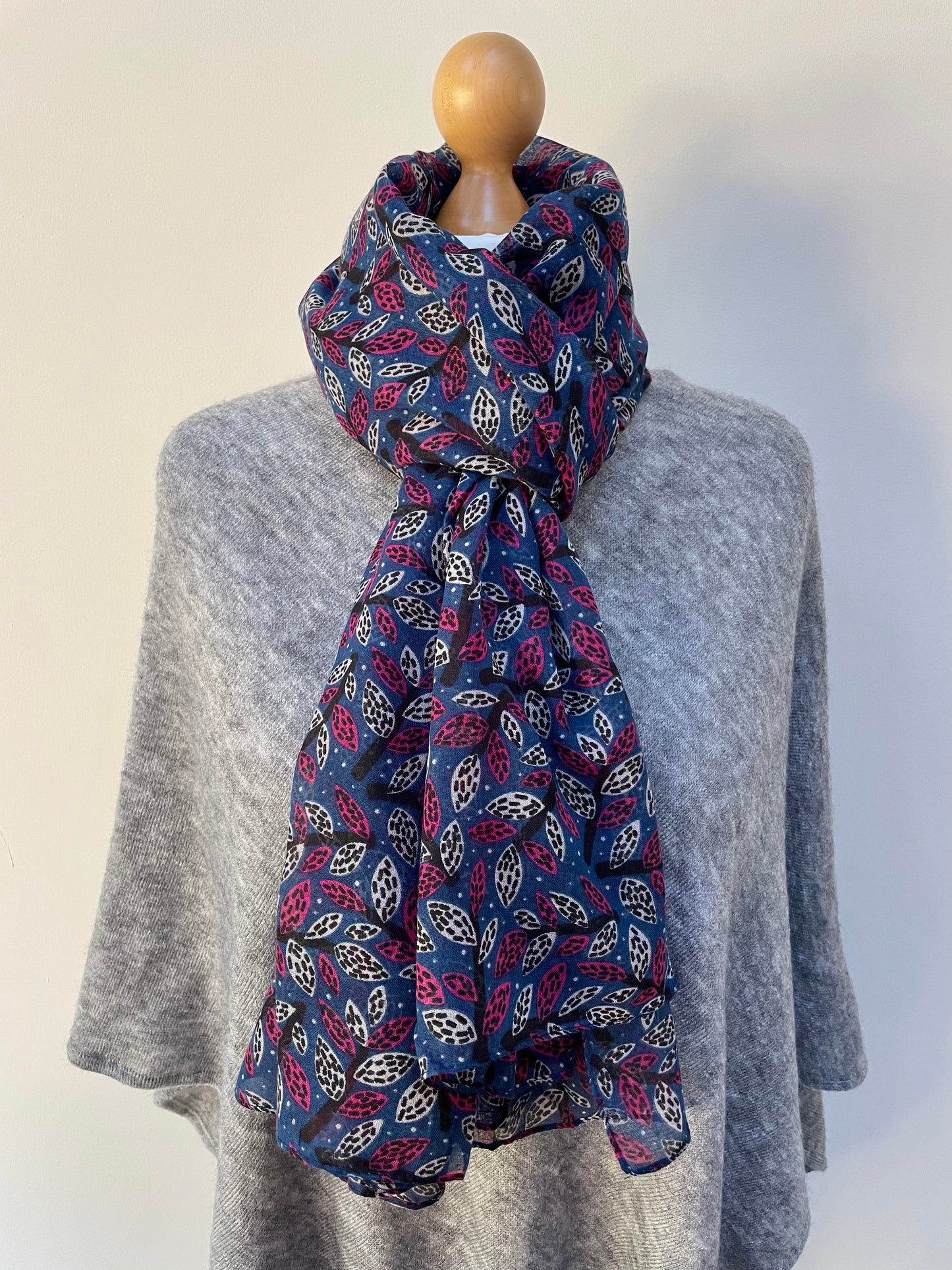 Winter Blue and Pink Leaves Scarf