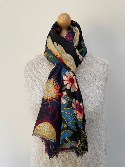 Black Botanical Floral Print Scarf