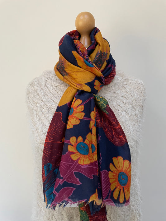 Navy Botanical Floral Print Scarf