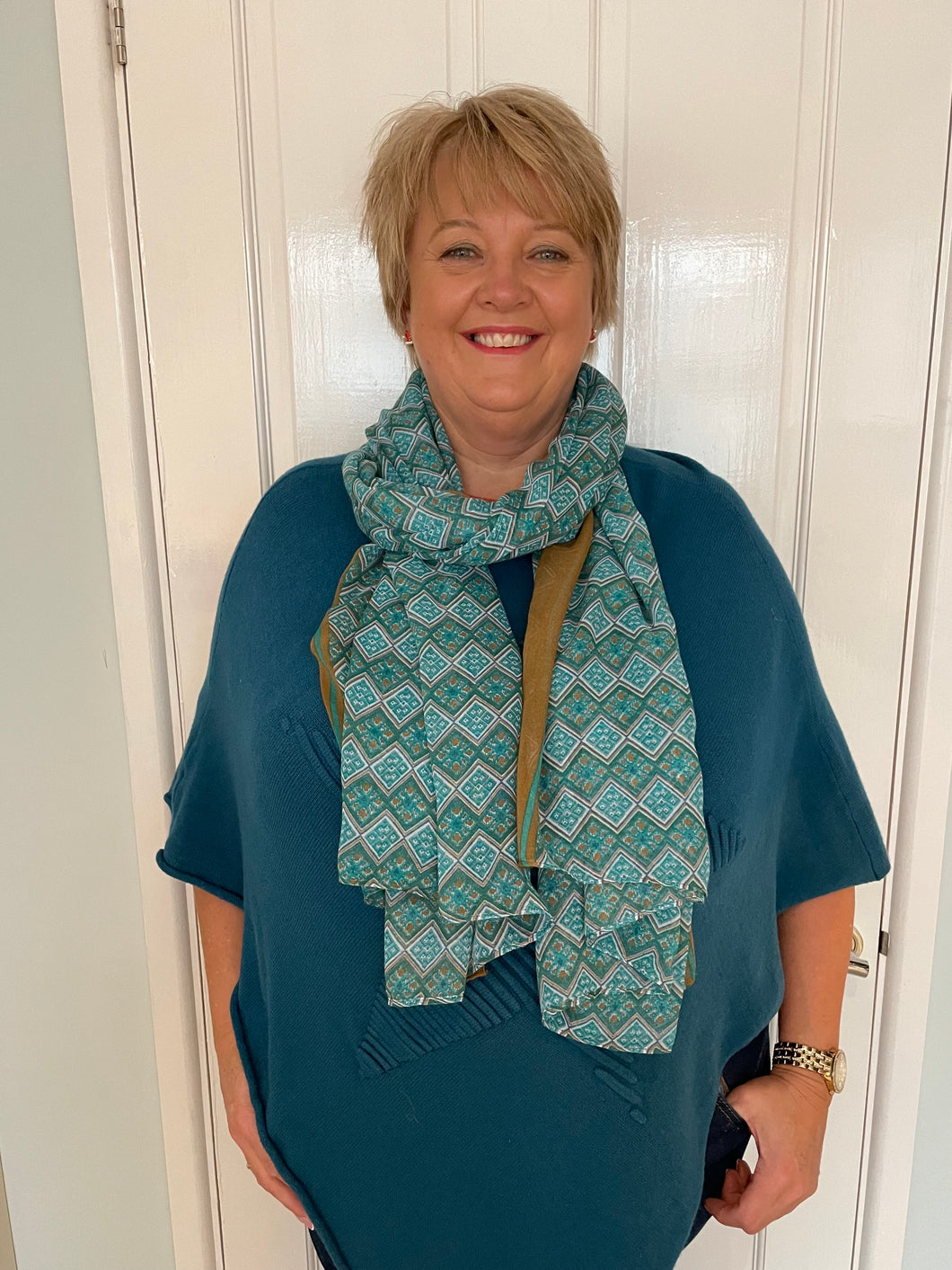 Autumn Teal Little Squares Scarf