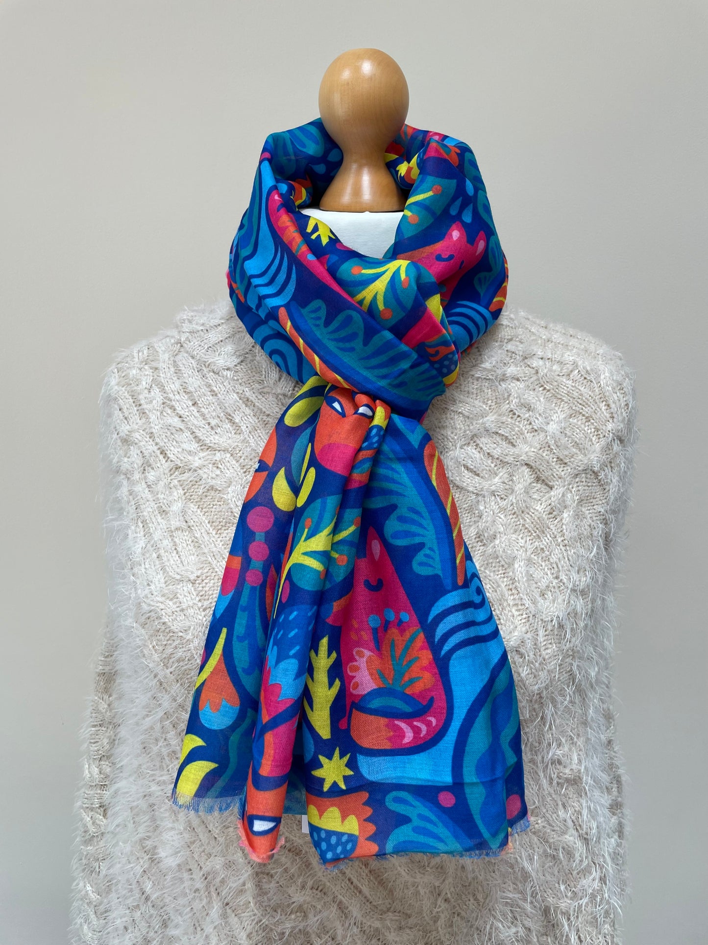 Blue Fox and Owl Floral Scarf