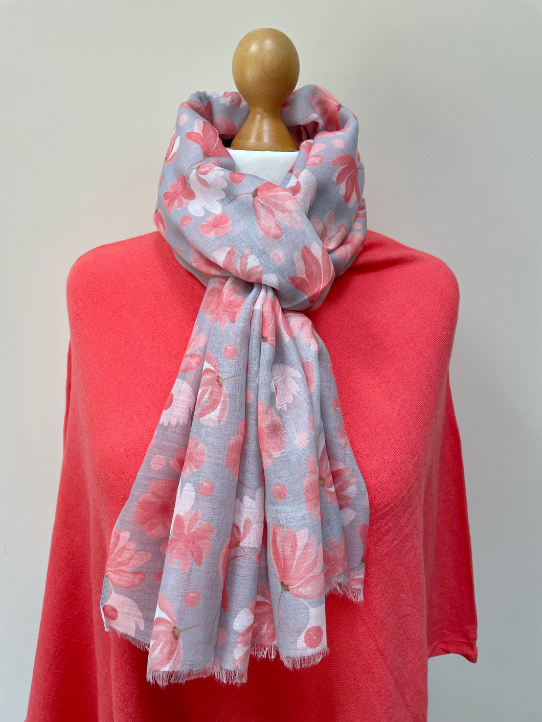Spring Salmon and Grey Floral Scarf