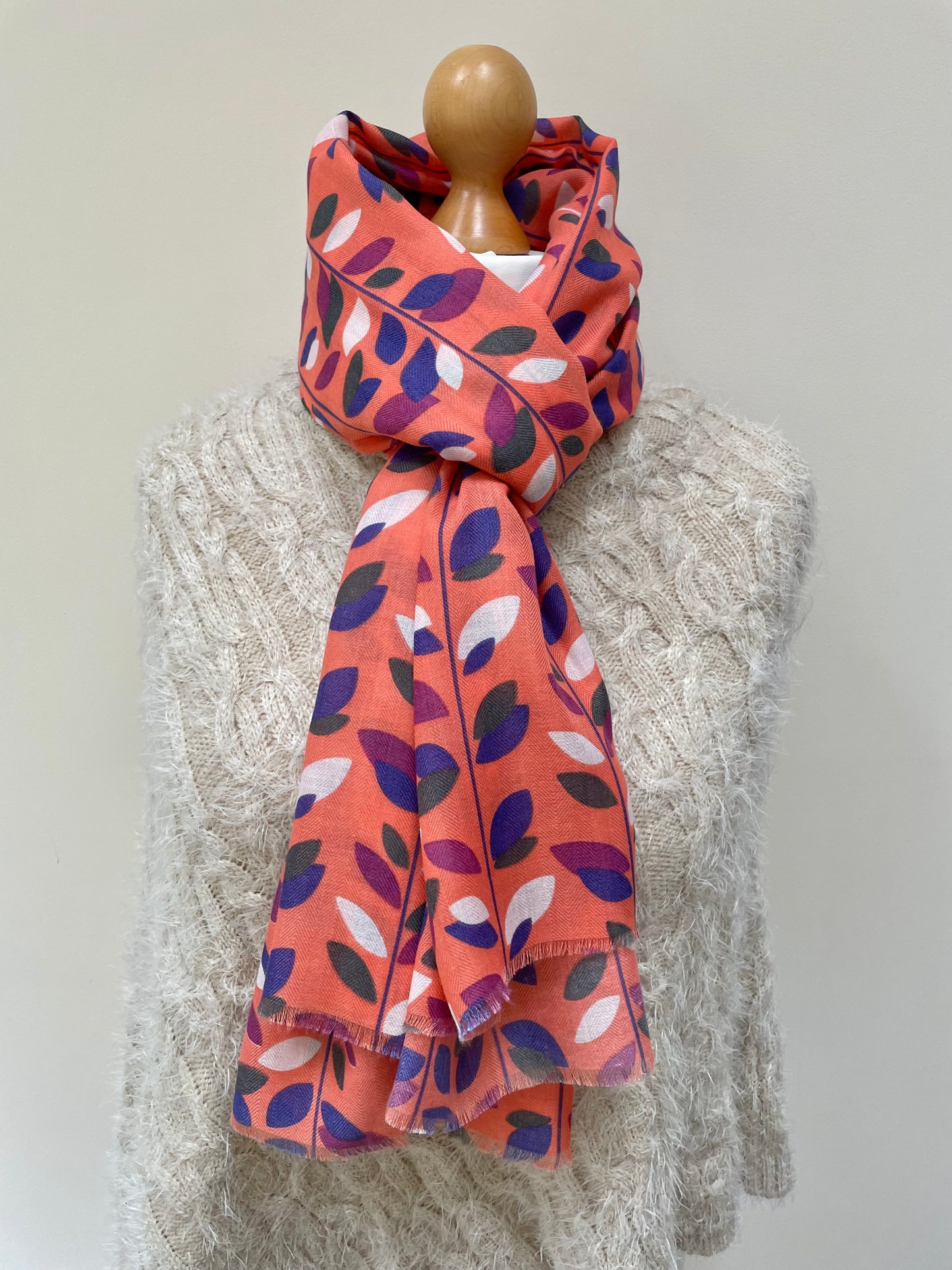 Spring Coral Lots of Leaves Scarf