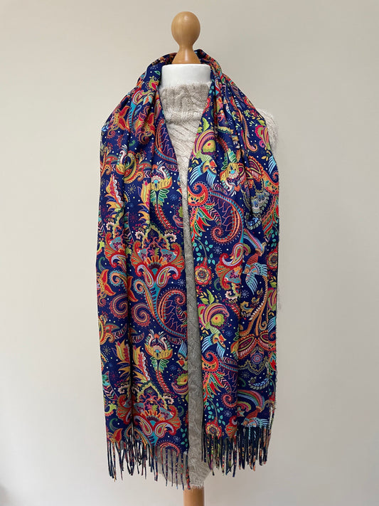 Navy Paisley and Bird Wool Tassel Scarf