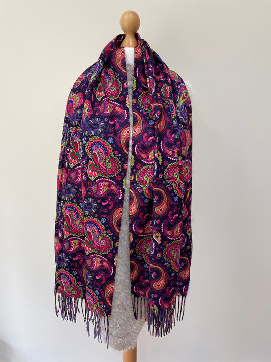 Purple Paisley and Bird Wool Tassel Scarf