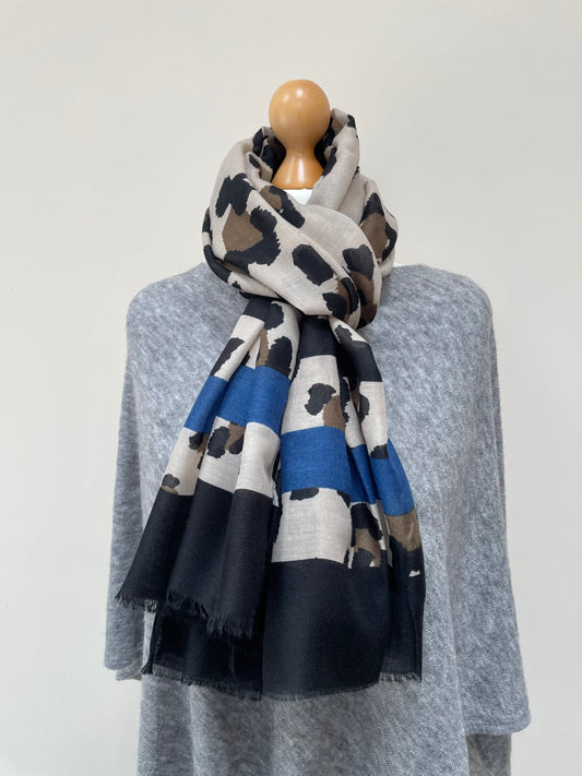 Winter Black and Blue Leopard Print Scarf