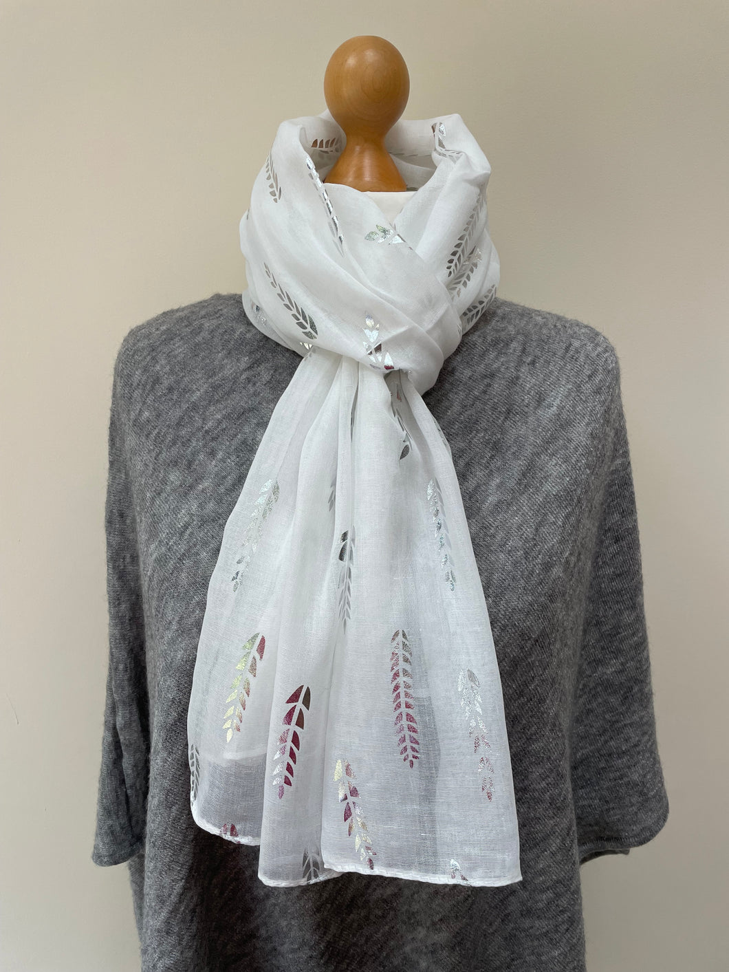 White and Silver Wheat Print Scarf