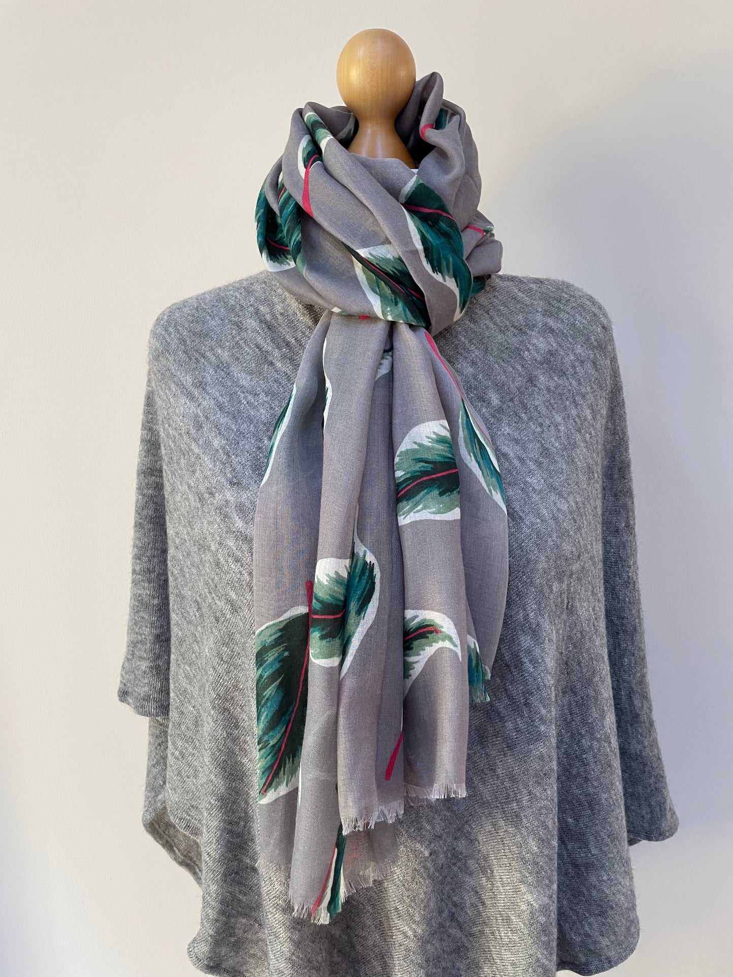 Winter Grey Tropical Leaves Scarf