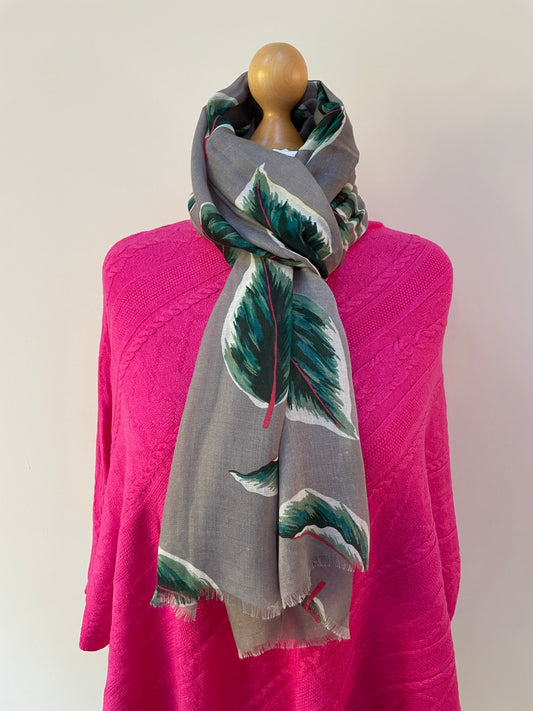 Winter Grey Tropical Leaves Scarf