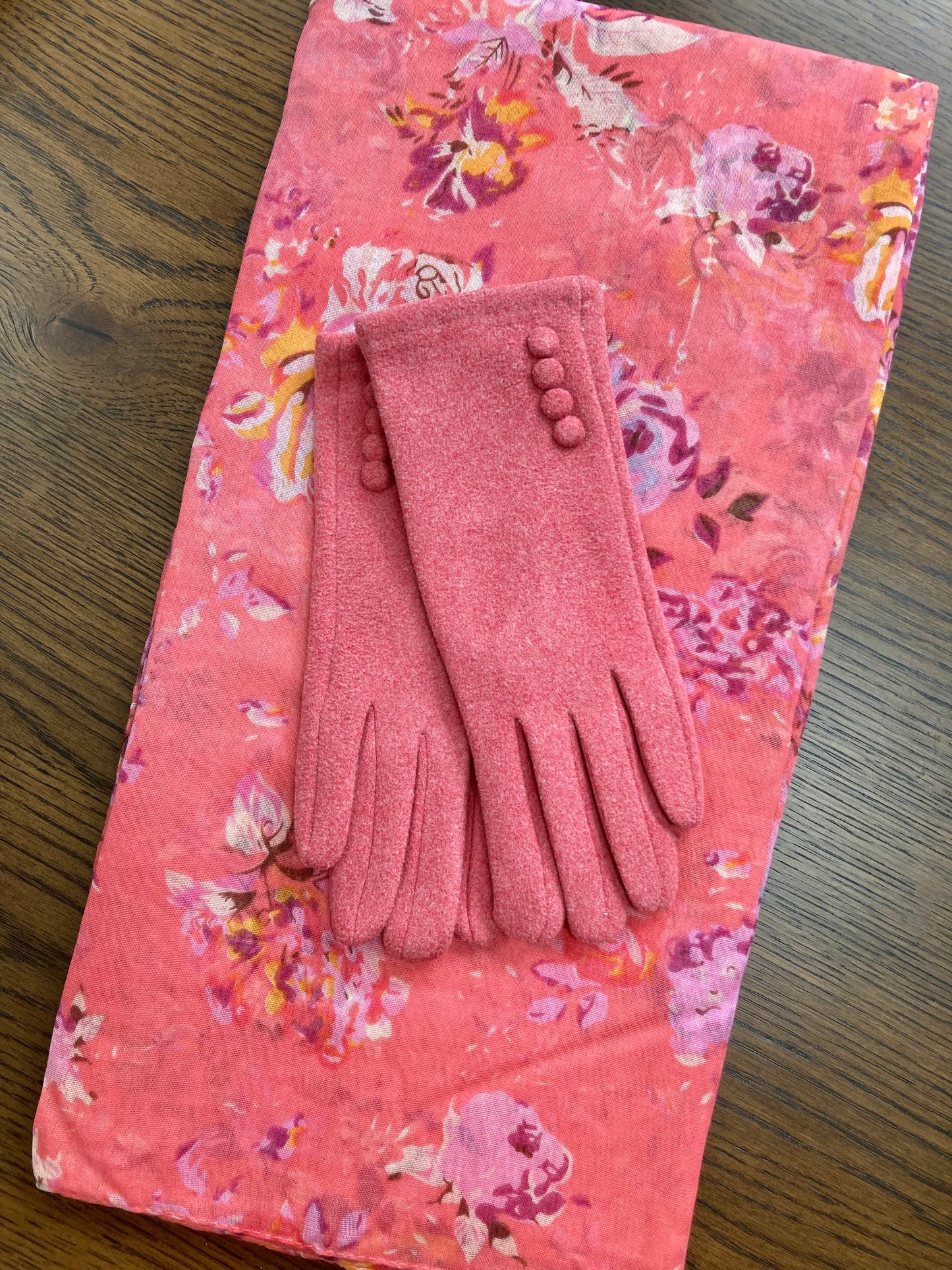 Spring Pink Floral Scarf and Gloves Set