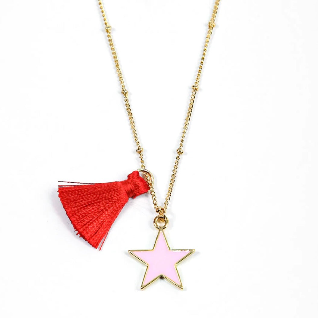 Pink Red Tassel and Star Gold Plated Necklace