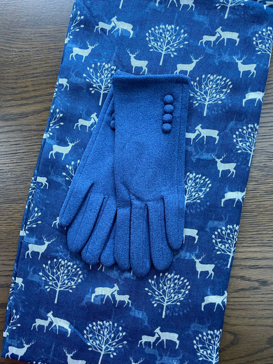 Spring Navy Blue Deer Scarf and Gloves Set