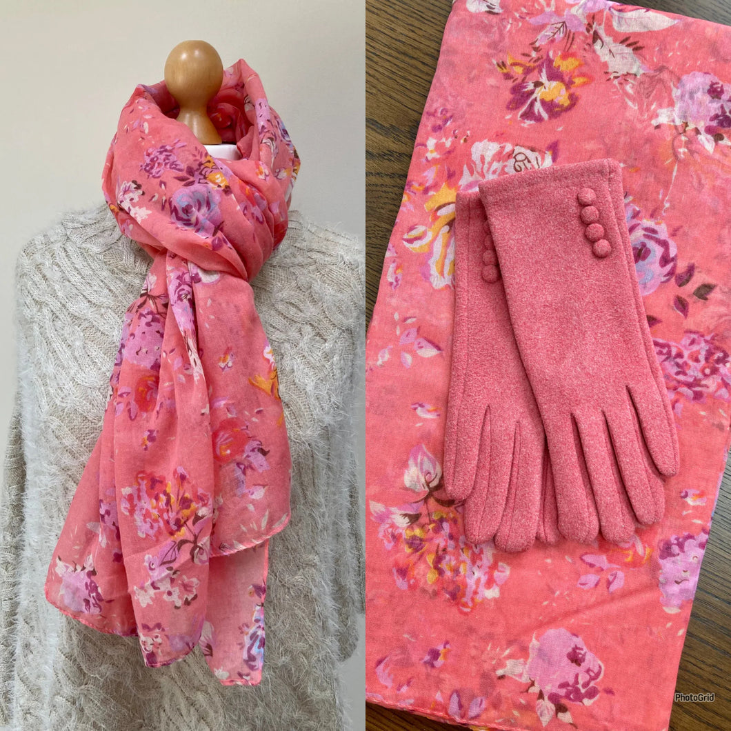 Pink Floral Scarf and Gloves Set