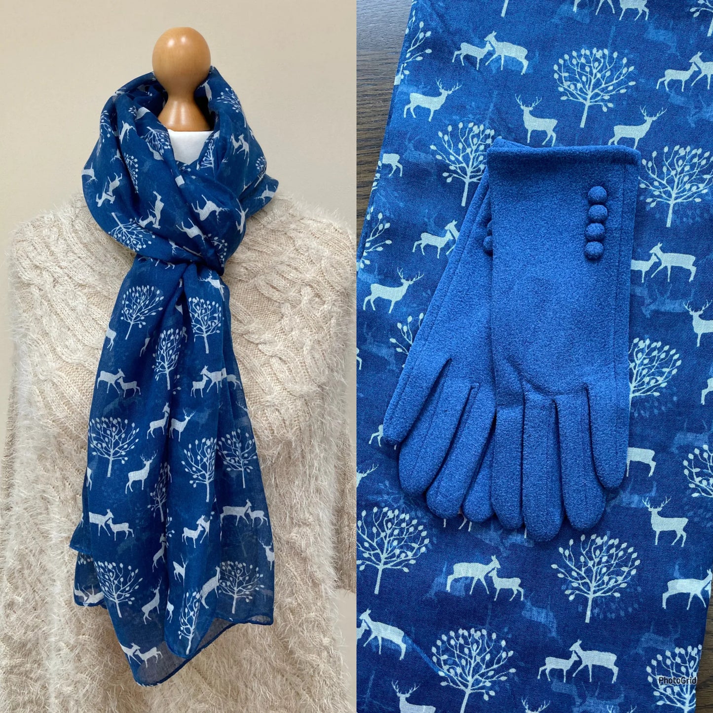 Spring Navy Blue Deer Scarf and Gloves Set