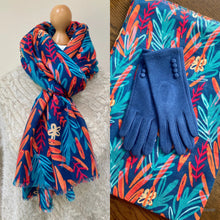 Load image into Gallery viewer, Spring Navy Watercolour Leaves Scarf and Gloves Set
