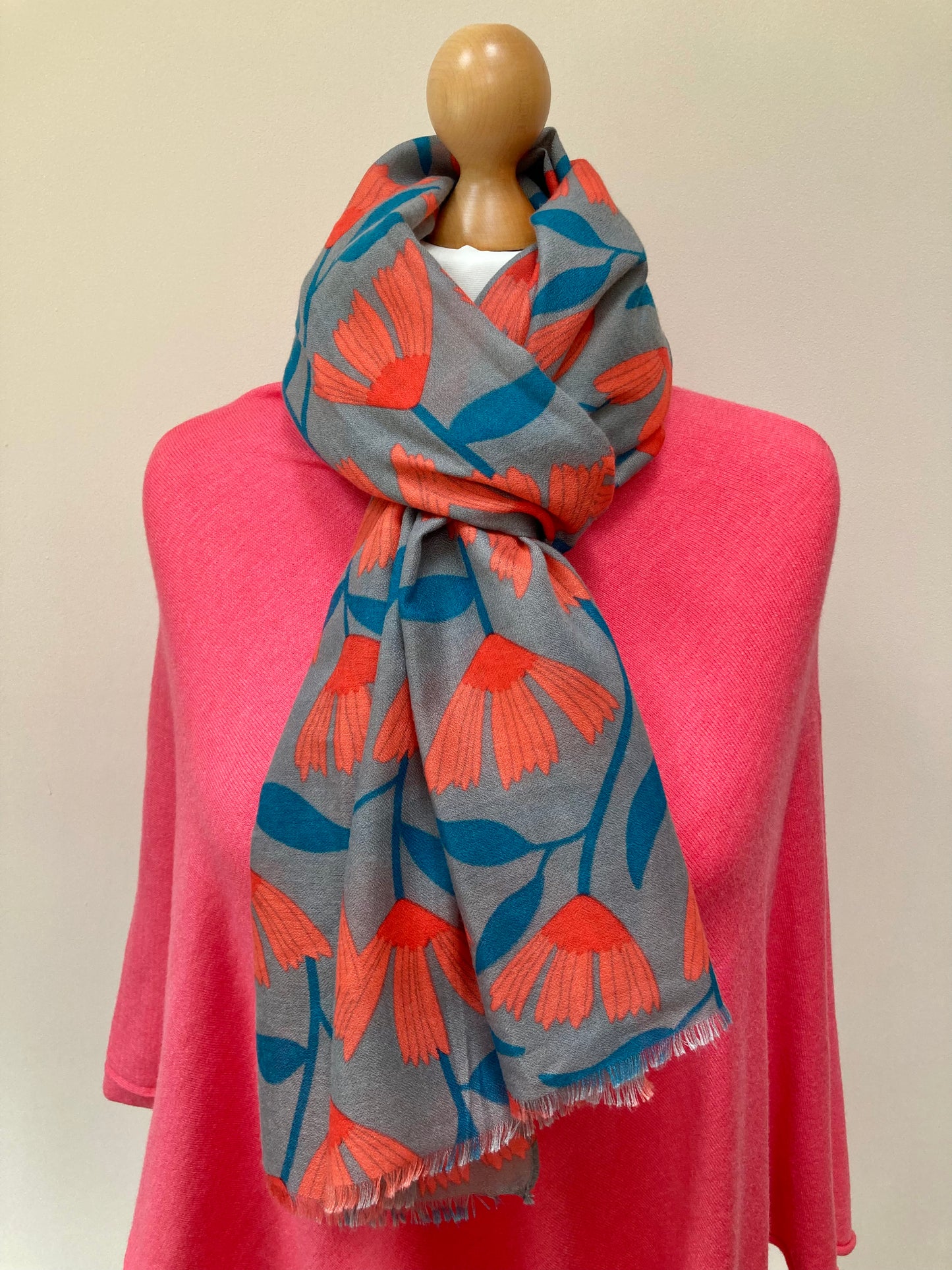 Spring Grey Coral Aquamarine Trailing Flowers Scarf