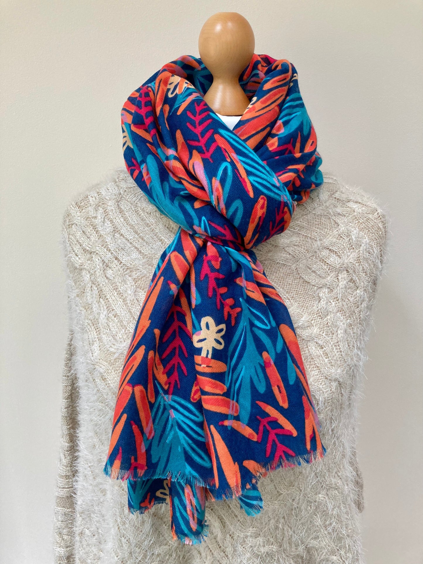 Spring Navy Watercolour Leaves Scarf and Gloves Set