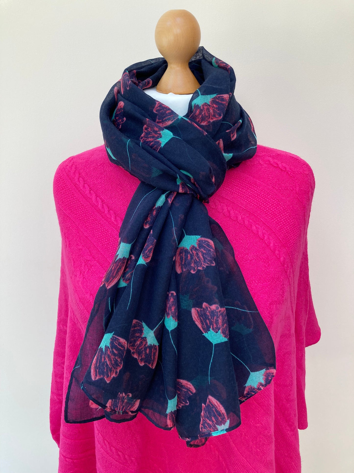 Winter Navy Blue Flowers Scarf