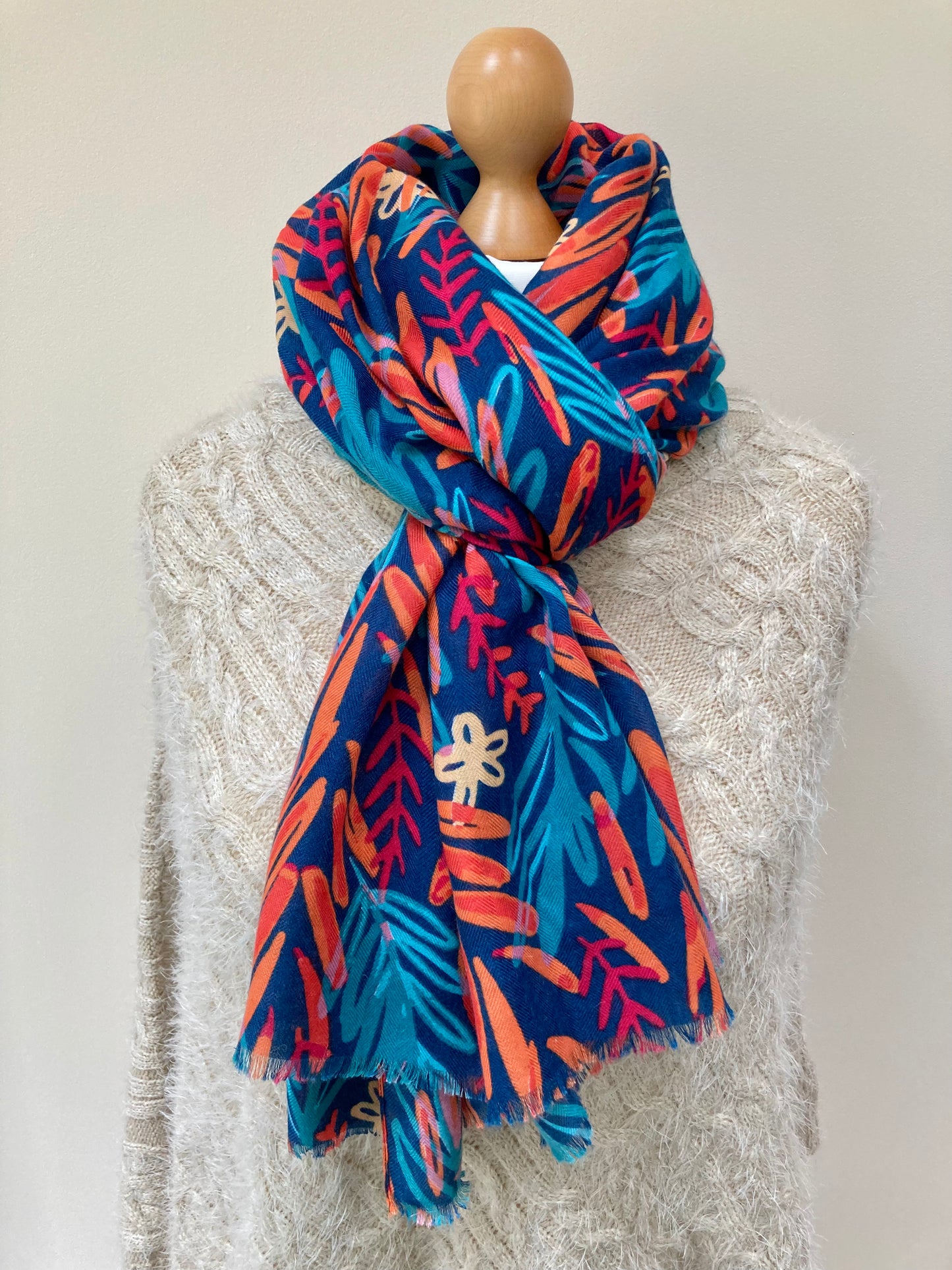 Spring Navy Watercolour Leaves Scarf